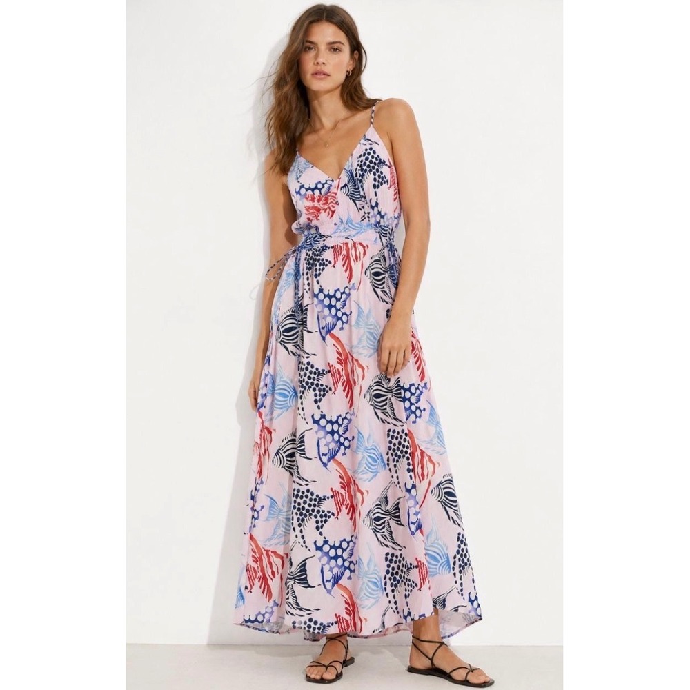 Loft Women Pink Nautical Fish Print Smocked Waist Maxi Dress Red Blue Size M